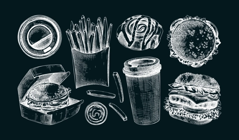 Fast food hand drawn vector illustrations. Burger, coffee cup, French fries sketches. Takeaway food or restaurant delivery service vintage style design elements on chalkboard